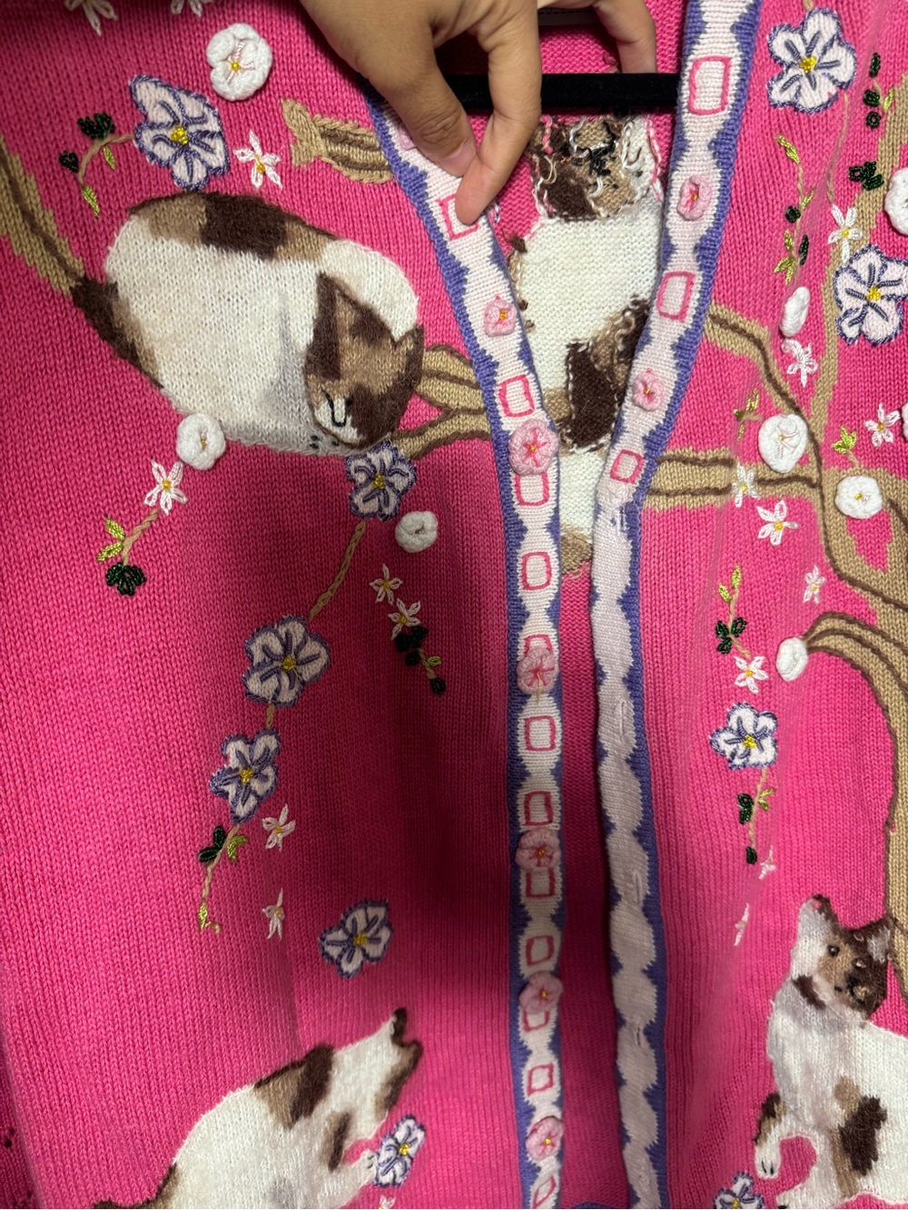 Storybook Knits Pink Embroidered Cat Floral Button V-Neck Cardigan Sweater 1X - Picture 4 of 10